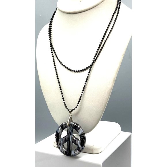 Dichroic Art Glass Peace Sign Pendant, Black White and Silver Swirl on Black - Picture 5 of 7